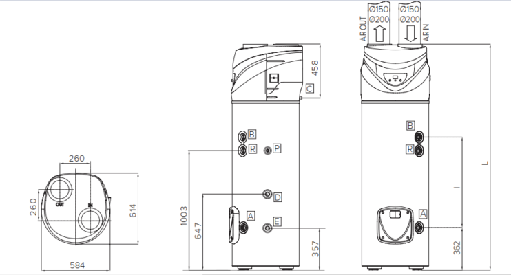 Kích thước máy bơm nhiệt Nuos Primo 240l Hc